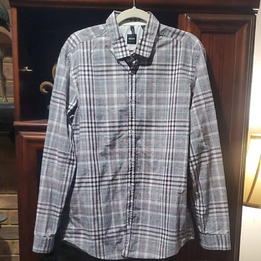Hugo Boss Gray and Red Checkered Shirt